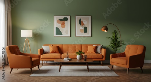 Modern Orange Sofa Living Room Design with Mid Century Style