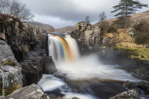 Majestic waterfall cascades over basalt cliffs with rainbow near a serene river