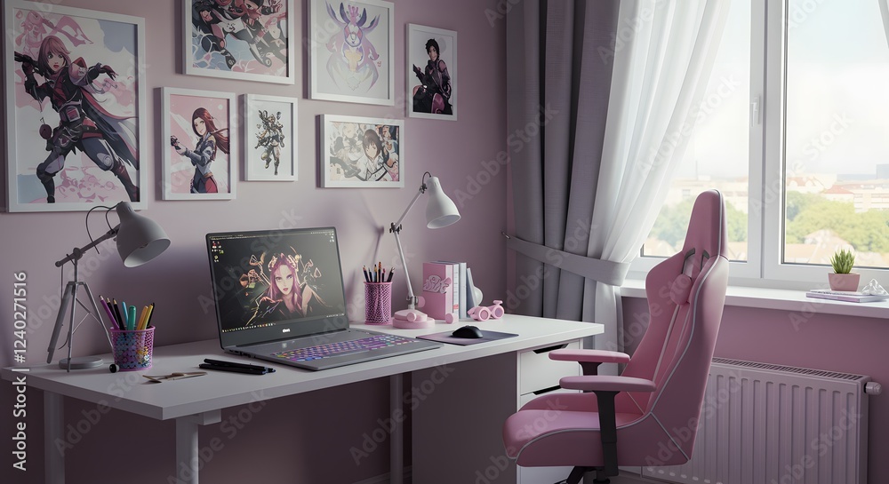 Fototapeta premium Stylish Pink Gamer Girl Workspace Setup with Laptop and Anime Decor