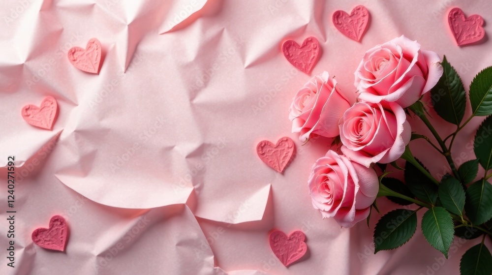 Delicate pink roses and hearts on crumpled paper background a romantic backdrop for Valentine's Day or anniversary Delicate pink roses and hearts on crumpled paper background a romantic backdrop for Valentine's Day or anniversary