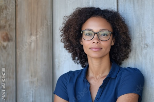 Woman with glasses poses thoughtfully outdoors in a casual blue shirt amid gr...
