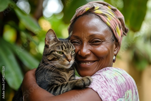 Woman embraces orange tabby cat outdoors while smiling gently in a friendly m...