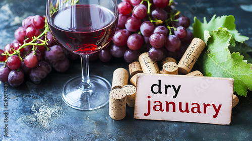 A wine glass grapes and corks beside a dry january sign symbolize abstaining from alcohol photo