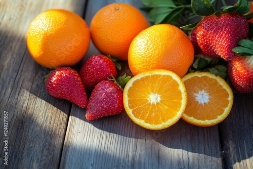 Fresh strawberries and oranges arranged on a wooden board under natural light...