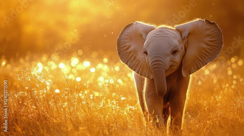 Baby elephant walking through golden grass during sunset at a wildlife reserv...