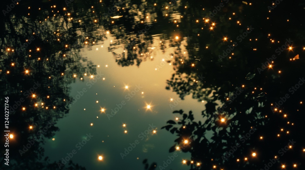 Naklejka premium Glowing lights ripple across a water surface, creating a serene and reflective landscape, surrounded by dark foliage.