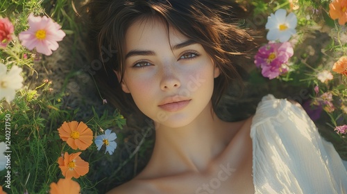 Young woman relaxing among colorful flowers in a lush garden setting during s...