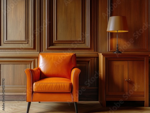 Luxurious Living Room Furniture: Orange Armchair and Brown Sofa with Classic Design
