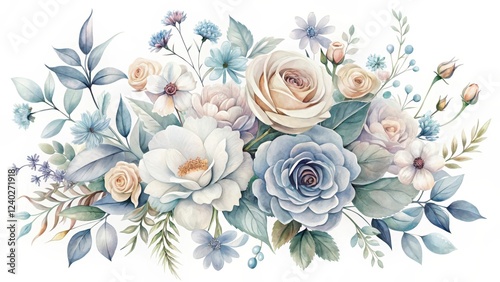 Serene Watercolor Bouquet of Delicate Roses, Peonies, and Wildflowers in Soft Blue and Beige Hues