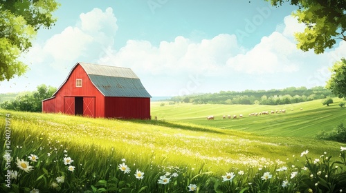 Red barn in a vibrant green field with cows and birds on a sunny day