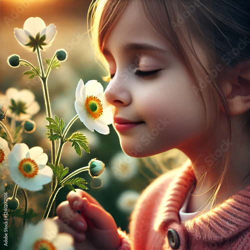 A young girl with closed eyes gently smells a white flower, her expression radiating joy and contentment. The warm, golden light of the setting sun bathes the scene, creating a magical photo