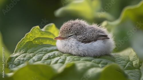 Small yellow bird perched on green leaves in a sunny environment during sprin...