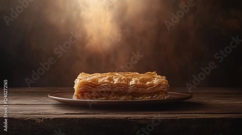 Delicious layers of pastry resting on a wooden plate in warm light setting