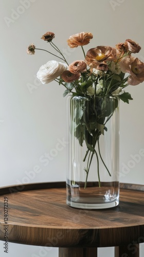 Colorful flower arrangement in a glass vase on a wooden table in a modern set...