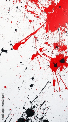 Bold red and black paint splashes creating an abstract art composition on whi...
