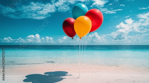 Colorful balloons resting on a serene beach under a bright blue sky with fluf...