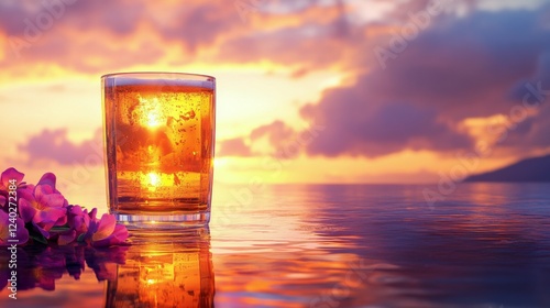 Relaxing at sunset with a refreshing drink and beautiful flowers by the water