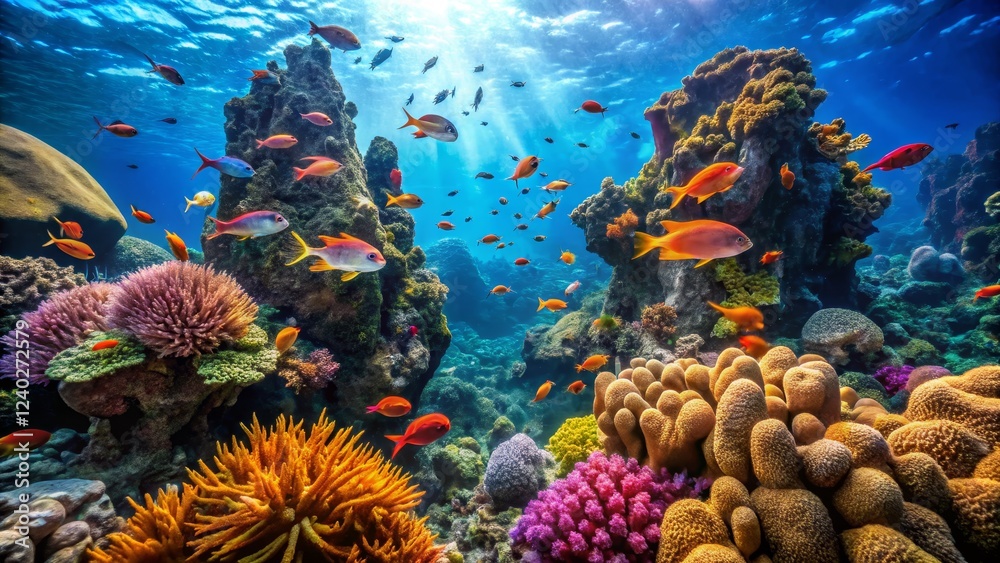 Fototapeta premium Vibrant Coral Reef with Colorful Fish Under Clear Ocean Water