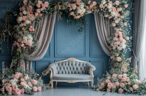 Elegant floral arrangement with vintage sofa in blue room for special events ...