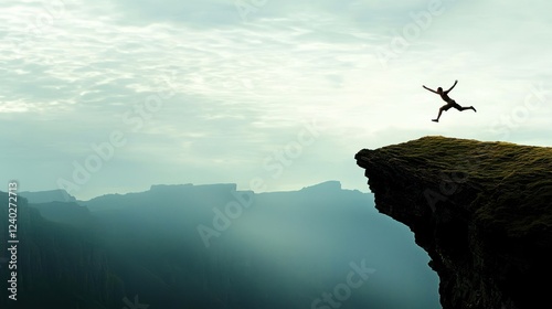 Person Jumping Off Cliff Over Misty Canyon