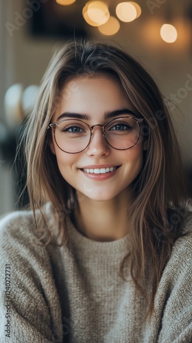 Young woman with glasses smiling warmly in a cozy indoor setting during daytime
