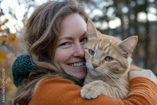 Woman embraces orange tabby cat outdoors while smiling gently in a friendly m...