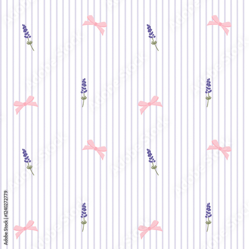 Vector pattern of fabric, wallpaper, wrapping paper, mats and bed sheets. Continuous in various sizes and repeatable. Cute style decorated with stripes, lavender and cute daisies.