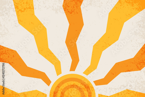 Groovy sun with wavy rays. Retro sunburst abstract background. Vector vintage textured poster. Funky 70s summer illustration.
