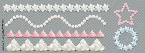 Whipped cream 3d decorative borders - light blue, pink and white swirled meringue peaks, wavy rose patterns, straight star and circle shaped lines in pastel colors. Confectionery frame and emblem.