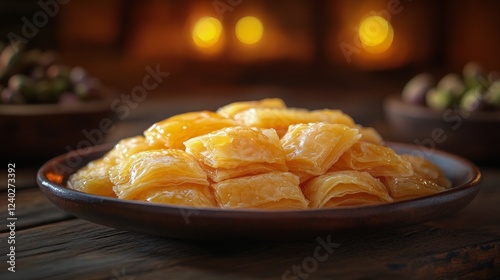 Delicious layers of pastry resting on a wooden plate in warm light setting