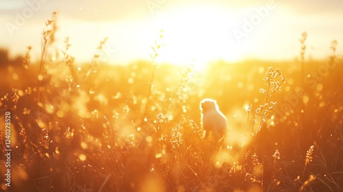 Piglet explores a sunny field near a rustic barn during golden hour in the co...