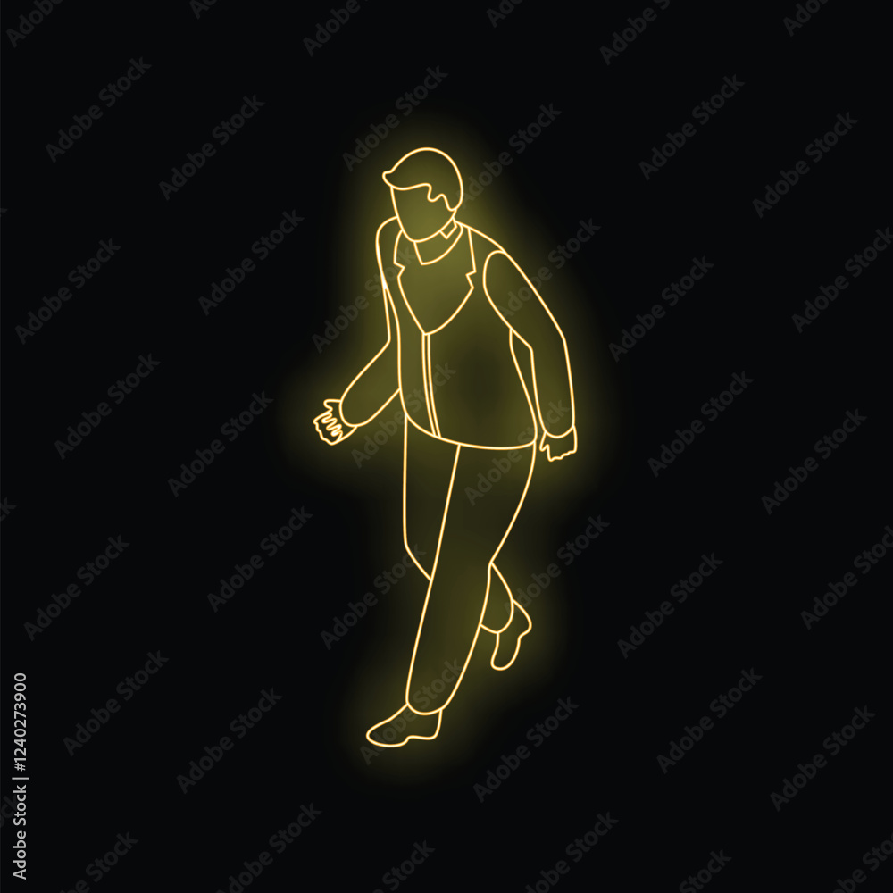 Fototapeta premium Neon yellow isometric businessman walking, isolated on black background
