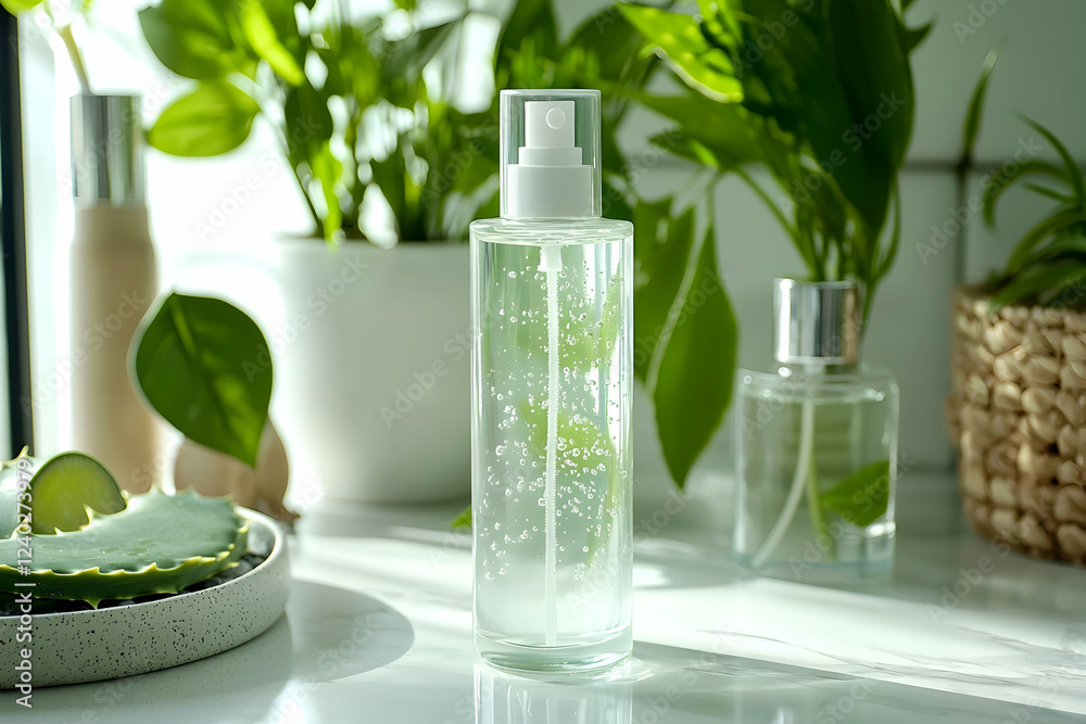 Fresh aloe-based toner bottle with smooth, clear design. Fresh aloe-based toner bottle with smooth, clear design.