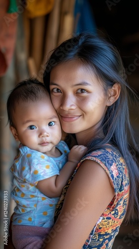 Joyful mother holding her baby in a warm community setting with vibrant clothing