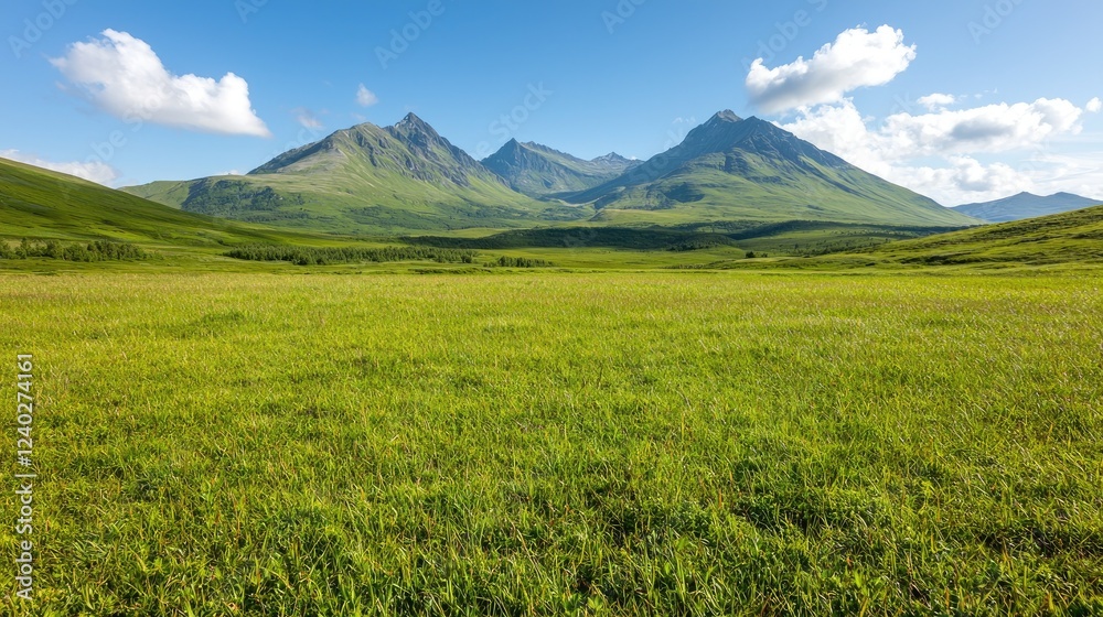 Scenic mountain range landscape, grassy valley, sunny day, travel poster Scenic mountain range landscape, grassy valley, sunny day, travel poster