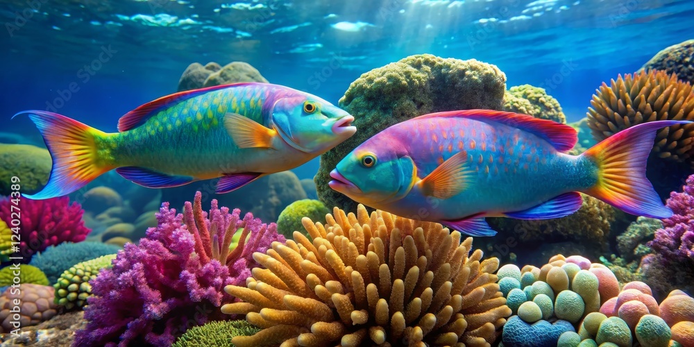 Naklejka premium Colorful Tropical Fish Swimming Over Vibrant Coral Reef Scene