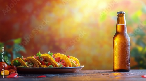 Delicious tacos served with cold beer on a rustic table background under warm...