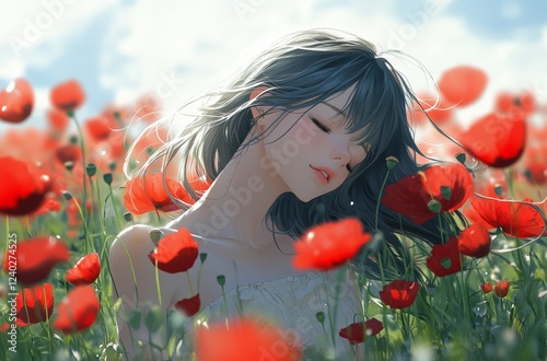 Sunlit meadow filled with blooming orange flowers surrounded by misty atmosphere