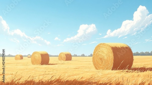 Scenic sunset over a golden hayfield with round bales in a mountainous landscape
