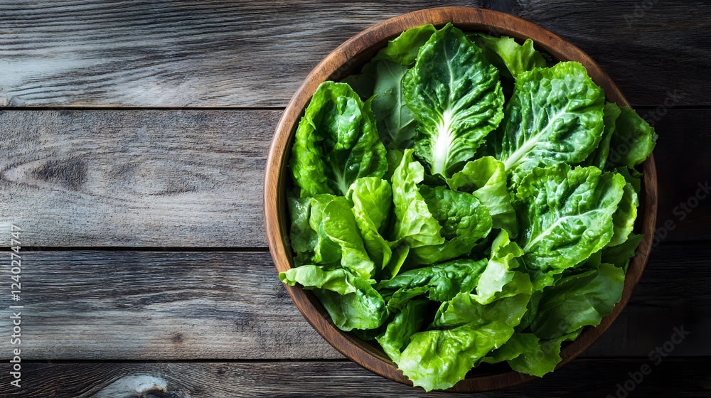 Fresh Green Romaine Lettuce in Wooden Bowl, Top View Fresh Green Romaine Lettuce in Wooden Bowl, Top View