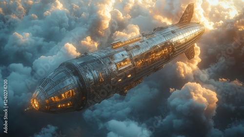 Futuristic spacecraft flying through clouds at sunrise in a vivid and imagina...