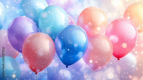 Colorful festive balloons floating in a dreamy background creating a joyful a...