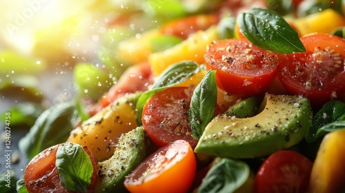 Fresh garden salad featuring cherry tomatoes, avocados, and basil in natural ...