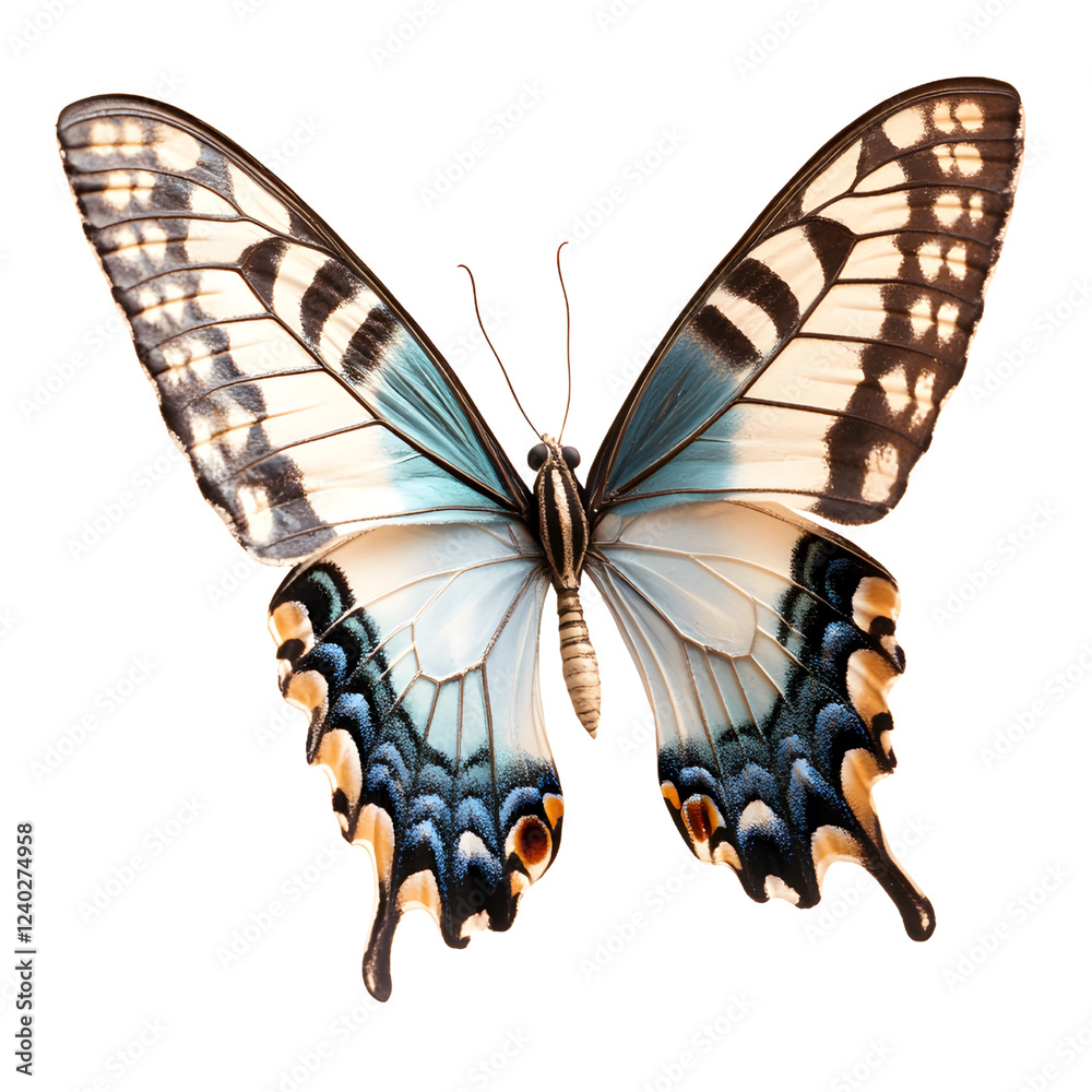 Fototapeta premium Beautiful butterfly with intricate pattern wings flying isolated on a transparent background