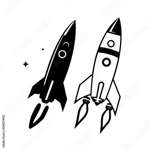 Black and white rocket launch, space exploration, cosmic flight, vector illustration, minimal graphic design, future technology, innovation, speed, journey, adventure