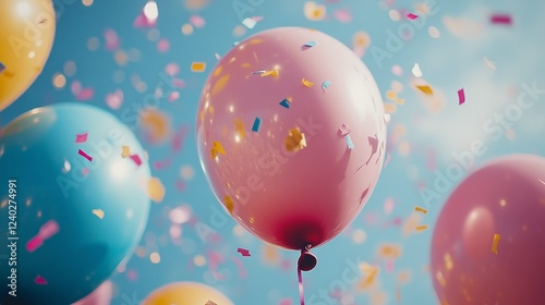 Colorful balloons and confetti celebration in a festive atmosphere