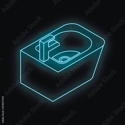 Neon bidet with faucet glowing on black background, representing modern bathroom fixtures and sanitation