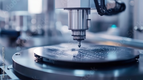 A detailed view of a semiconductor wafer being processed in a high-tech manufacturing facility.