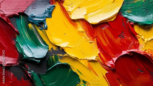 Colorful brush strokes blending red, yellow, and green tones on a textured su...