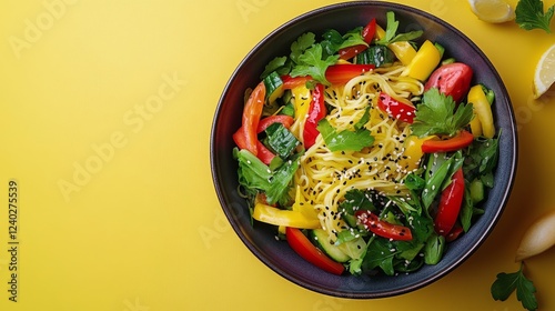Delicious noodle bowl with colorful vegetables and herbs served in a stylish ...